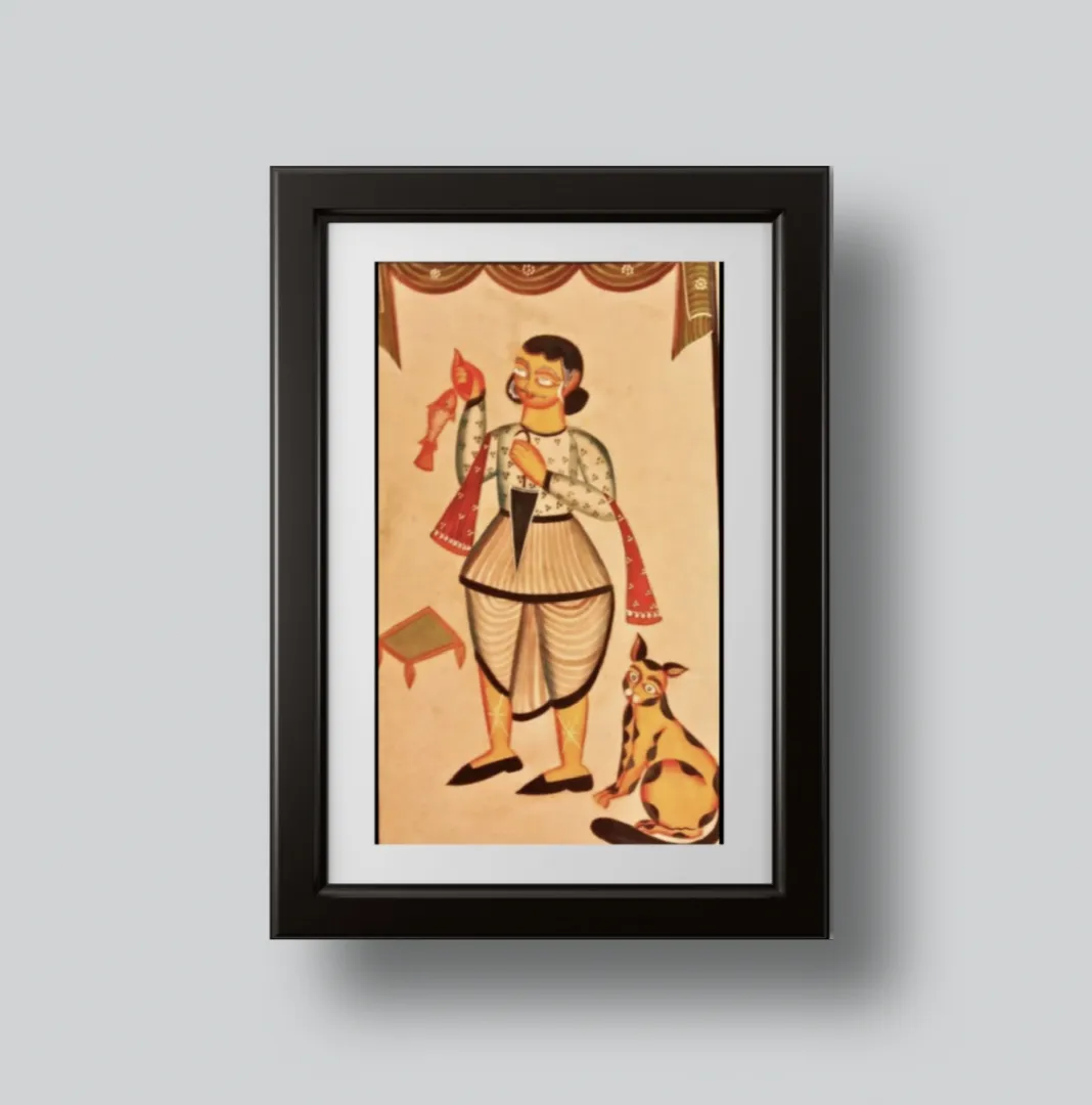This captivating Patachitra or Pattachitra  artwork portrays the essence of Babu culture, depicting a man with a fish and a cat. Crafted on a 'Pat' or 'Pata' made from art paper adhered to cloth with a mixture of chalk and tamarind seed gum, this piece is a testament to traditional craftsmanship. Painted exclusively with natural colors and dyes, it maintains the authenticity and vibrancy of this ancient Indian art form without the use of any chemical or artificial colors. Please note, the frame is not included. To add a frame, click on the customize button. This artwork is a perfect representation of cultural heritage and artistic finesse, ideal for any collection.