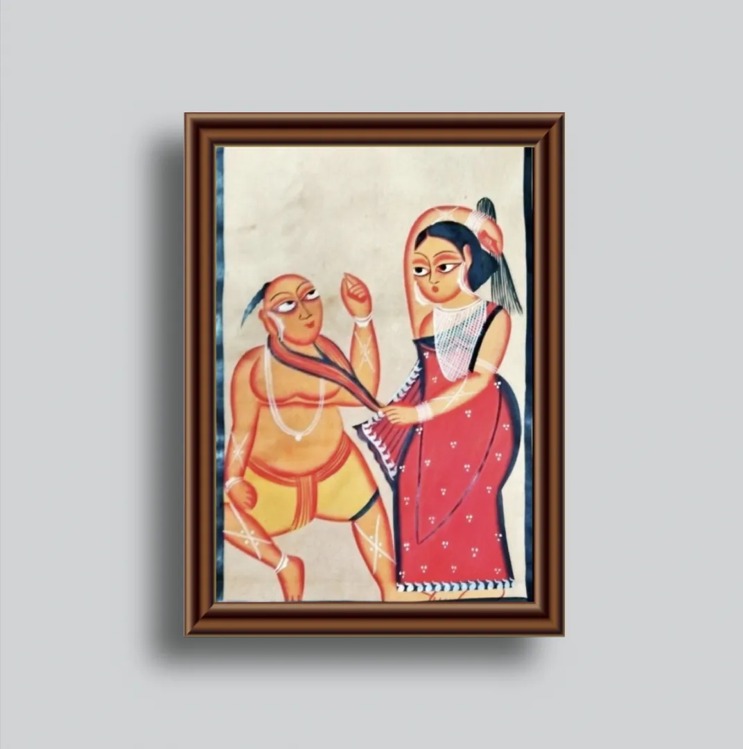 Divine Couple Eternal Bond is a captivating Patachitra art piece portraying the enduring love of a divine couple. Crafted on a 'Pat' or 'Pata' using art paper and cloth secured with a blend of chalk and tamarind seed gum, it showcases natural colors and dyes, free from any chemical or artificial additives. This artwork exemplifies the intricate craftsmanship and cultural richness of Patachitra, capturing the essence of eternal love with vibrant hues and meticulous detailing. Please note, framing is not included; customize your order to add a frame and enhance its allure as a cherished addition to any collection celebrating love and tradition.