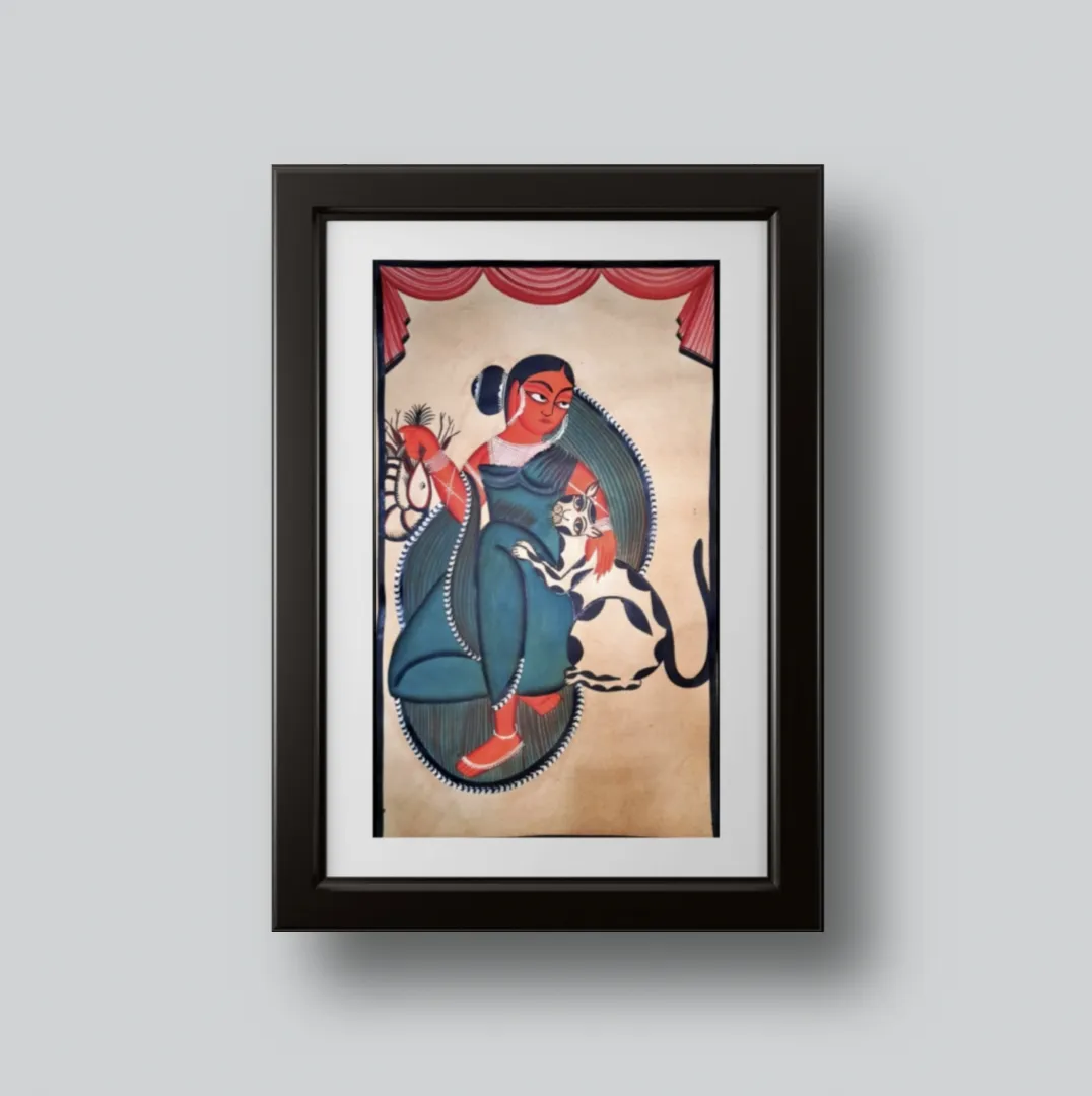 This Patachitra artwork beautifully captures Babu culture, depicting a woman with a fish and cat. Crafted on a 'Pat' or 'Pata' using art paper and cloth with a blend of chalk and tamarind seed gum, it features natural colors and dyes only, ensuring authenticity without any chemicals or artificial additives. The scene reflects the cultural essence and daily life, portrayed with intricate details and vibrant hues typical of Patachitra art. Please note, framing is not included; customize your order to add a frame and preserve the artwork's charm and cultural significance. Ideal for collectors appreciating traditional Indian art and storytelling.