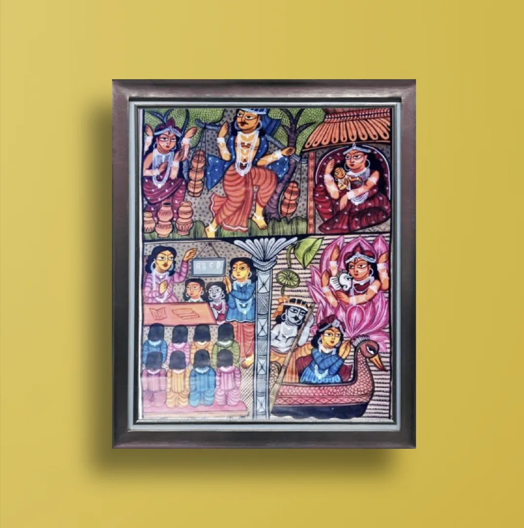Pat or Pata is made of art paper pasted on a piece of cloth using a mixture of chalk and gum made from Tamarind seeds. 
This is painted with natural colours and dyes, No chemical or artificial colours used.
Frame not included, if you want to get it framed click on customize button.