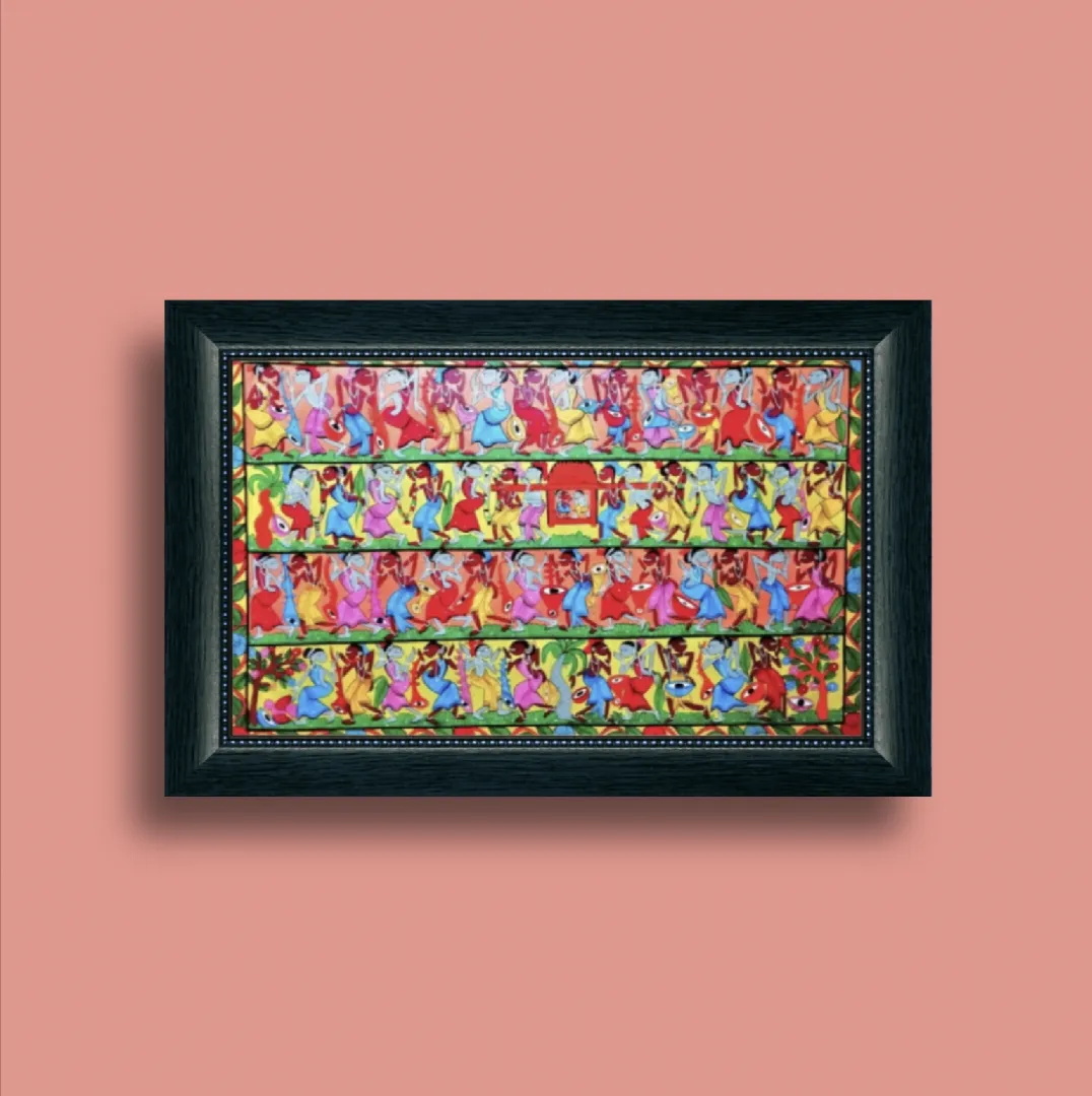 Pat or Pata is made of art paper pasted on a piece of cloth using a mixture of chalk and gum made from Tamarind seeds. 
This is painted with natural colours and dyes, No chemical or artificial colours used.
Frame not included, if you want to get it framed click on customize button.